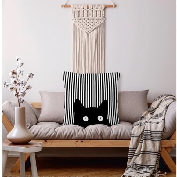 Cat Theme Pillow Cover Zippered Decorative Square Black White 17.7 in X 17.7 in - Picture 8 of 15